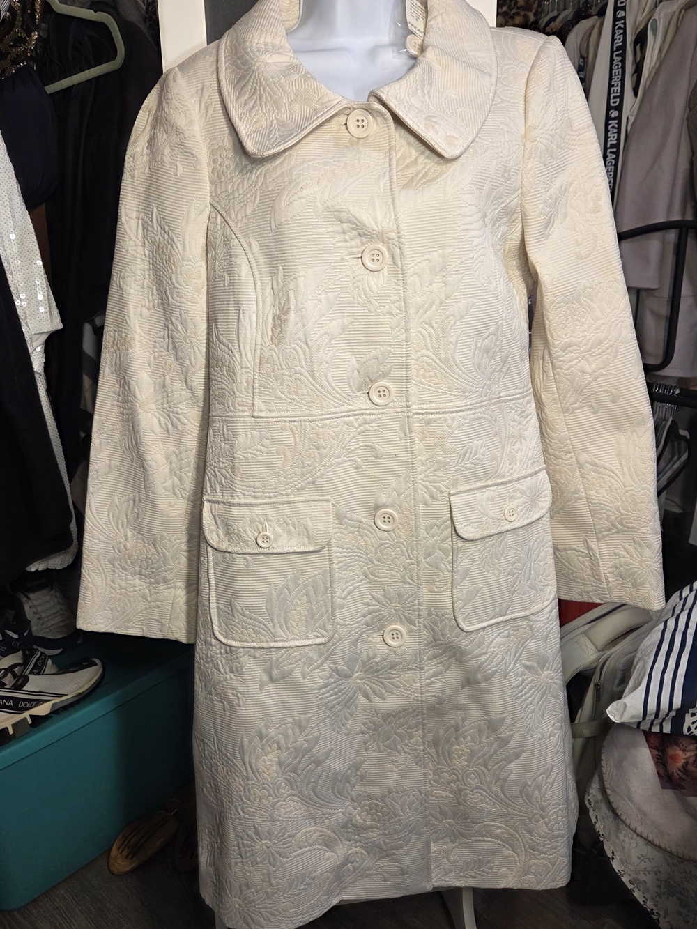 Arden B Cream Textured Button-Front Trench Coat